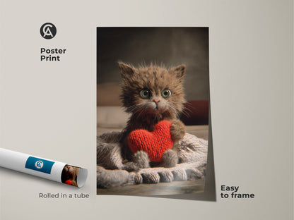 Poster print of a cute kitten holding a red heart. An easy-to-frame artwork rolled in a tube. It's a charming pet wall hanging for eclectic home decor. Ideal as a Valentine's Day gift or a whimsical addition to any cat lover's collection.
