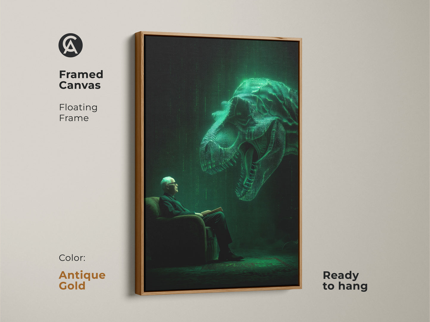 Framed canvas artwork features an elderly man reading. Above him a glowing green T-Rex hovers in a digital matrix style. The art has an antique gold floating frame. This ready-to-hang artwork adds a touch of modern surrealism to any room.