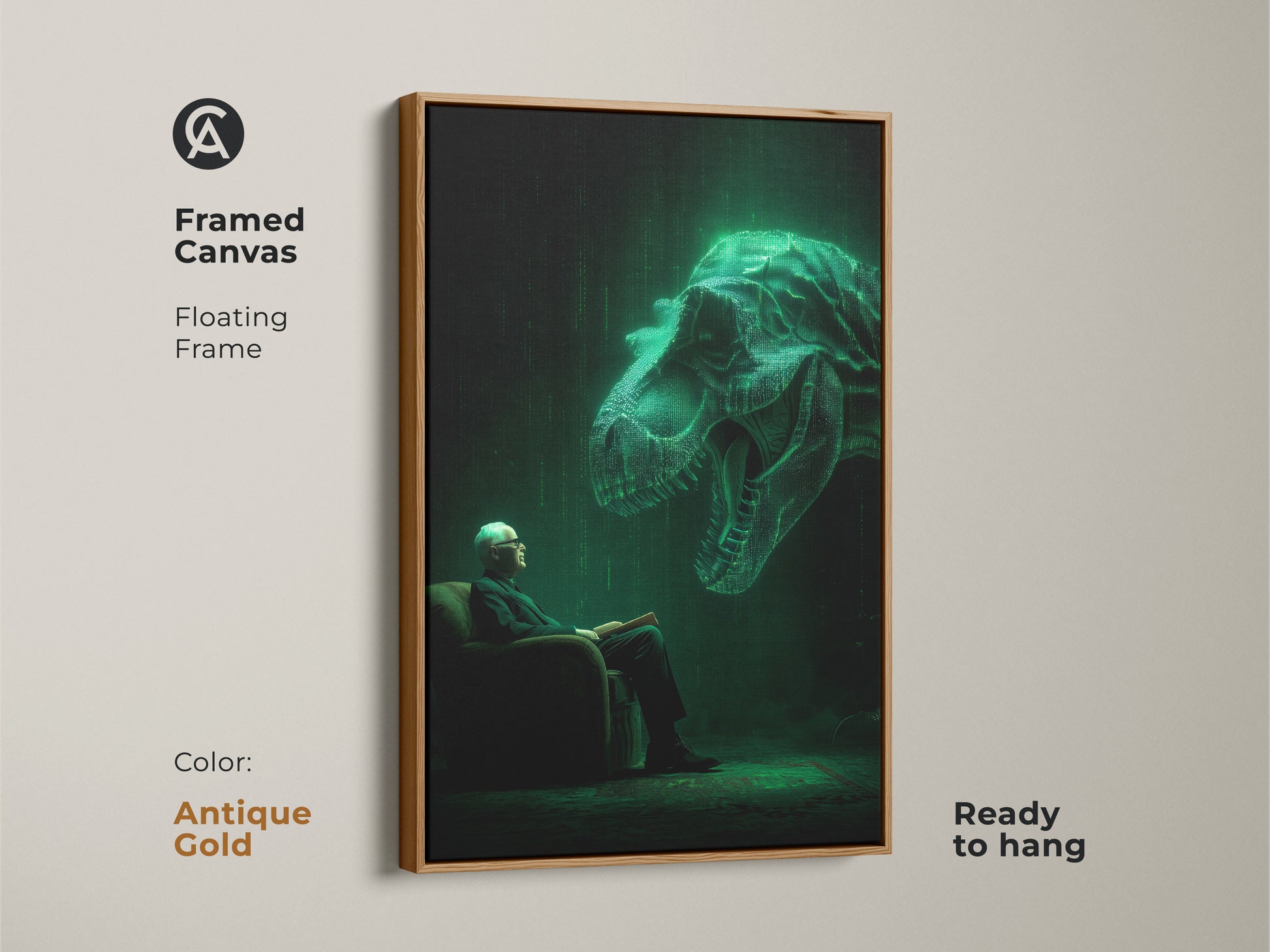 Framed canvas artwork features an elderly man reading. Above him a glowing green T-Rex hovers in a digital matrix style. The art has an antique gold floating frame. This ready-to-hang artwork adds a touch of modern surrealism to any room.