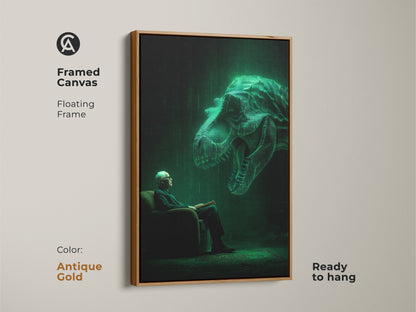 Framed canvas artwork features an elderly man reading. Above him a glowing green T-Rex hovers in a digital matrix style. The art has an antique gold floating frame. This ready-to-hang artwork adds a touch of modern surrealism to any room.