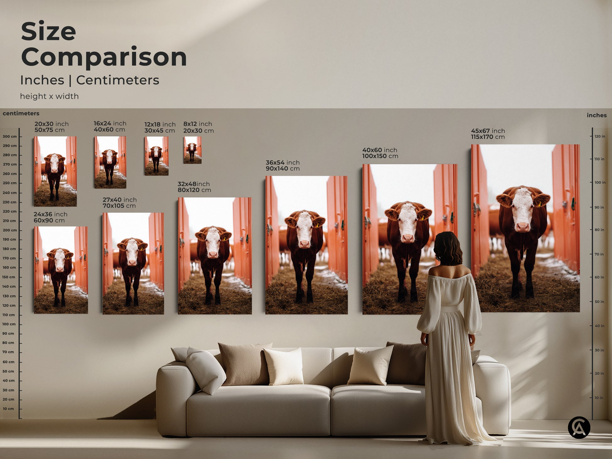 Size comparison showcasing farmhouse cow artwork canvas prints. Visualize how the artwork fits above a couch. Brown and white farm animal aesthetics enhance your country-style living room decor.