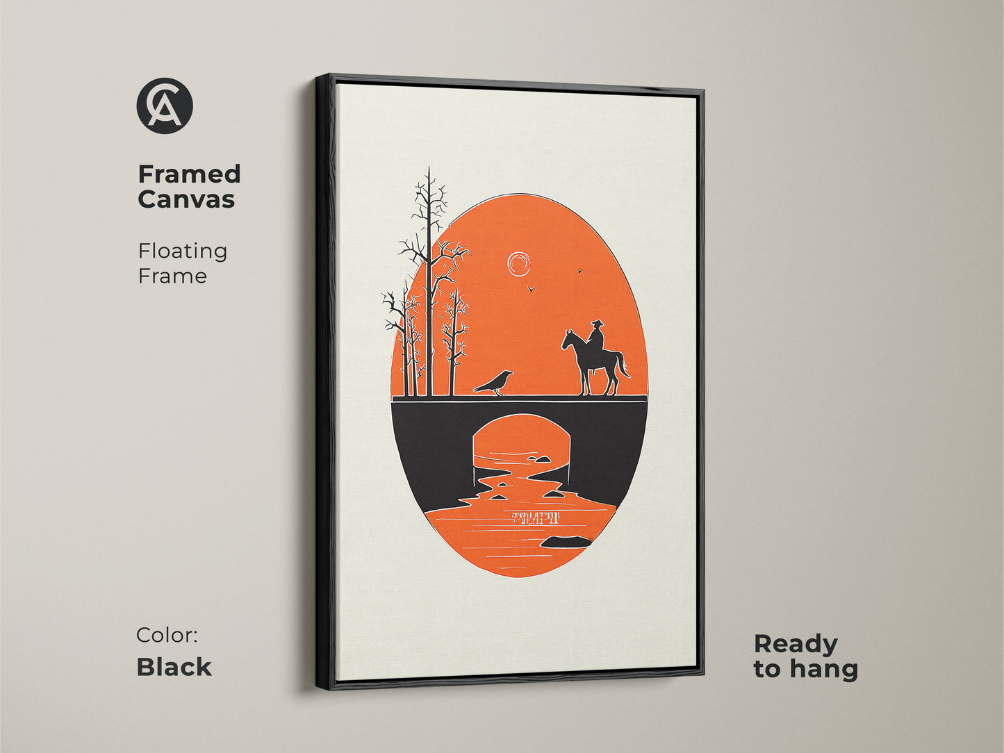 Framed Canvas in black featuring a cowboy on horseback crossing a bridge. The retro orange and black art print adds a Mid-Century Modern touch to your decor. This minimalist western art is ready to hang. It's an excellent housewarming gift for lovers of horse riding wall decor. The scenic landscape print has a vintage cowboy feel.