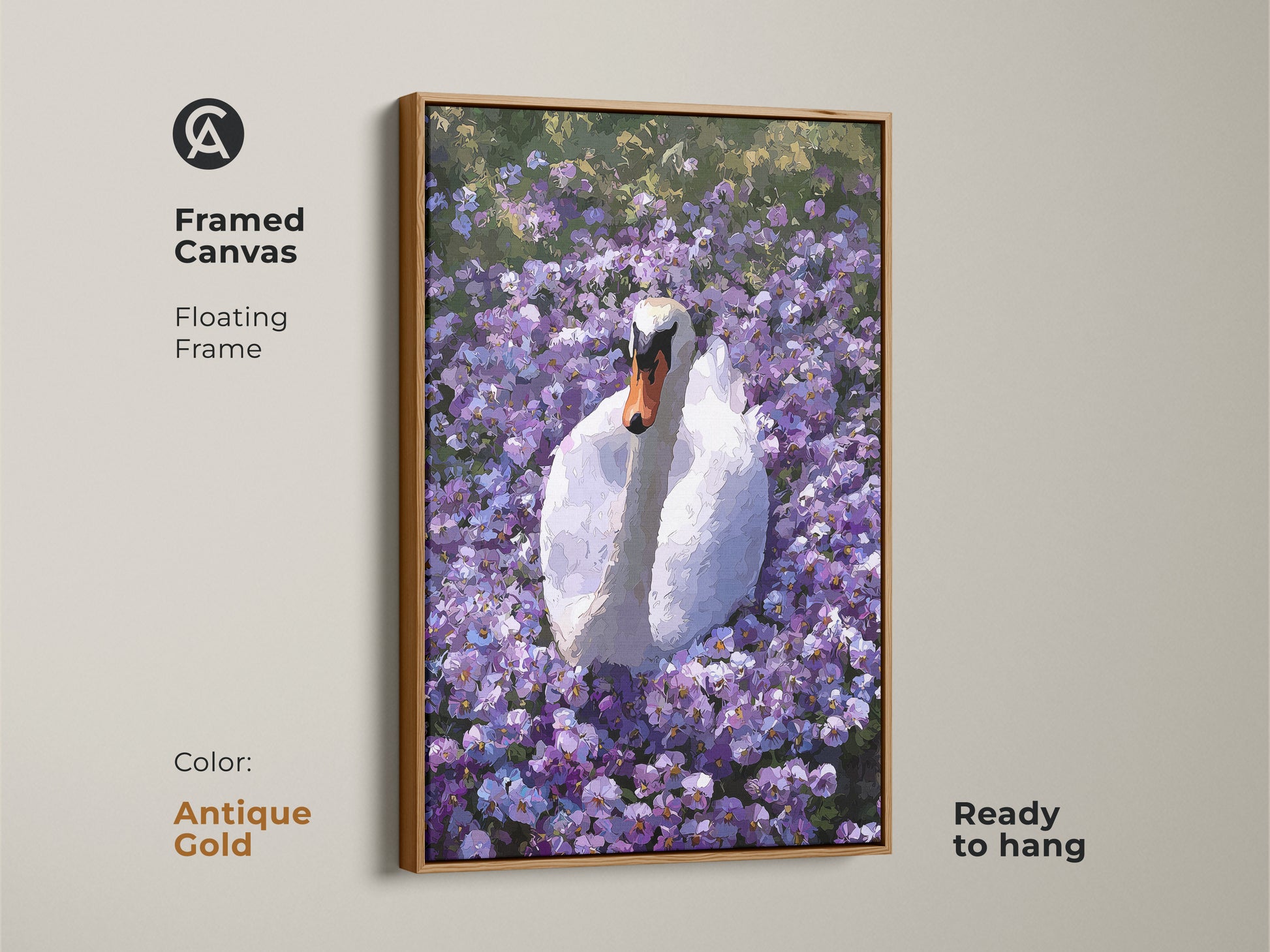 Framed canvas of the Botanical Swan artwork in an antique gold floating frame. This purple floral wall art features an impressionist style. It is ready to hang. It is a great boho nature decor piece.