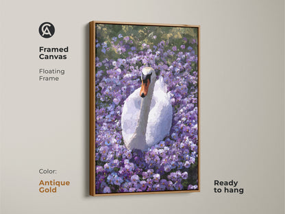 Framed canvas of the Botanical Swan artwork in an antique gold floating frame. This purple floral wall art features an impressionist style. It is ready to hang. It is a great boho nature decor piece.