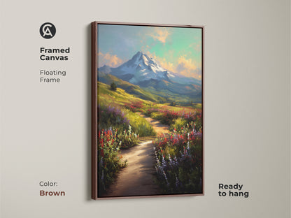 Brown framed canvas featuring a serene mountain view. The rustic home decor complements any room. A painterly mountain path is framed with a floating frame. Perfect for cozy cabin wall art.