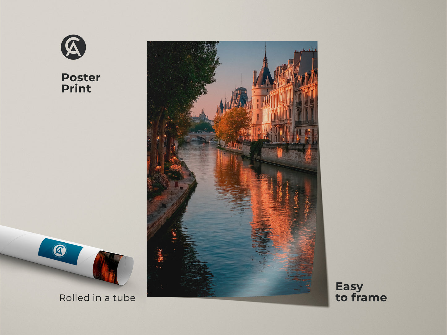 Paris cityscape poster print rolled in a tube. The art captures the Seine River photography during golden hour. Parisian buildings are beautifully lit. This print is easy to frame. Add a touch of European architecture to your walls. It's a perfect gift for those who adore Paris.