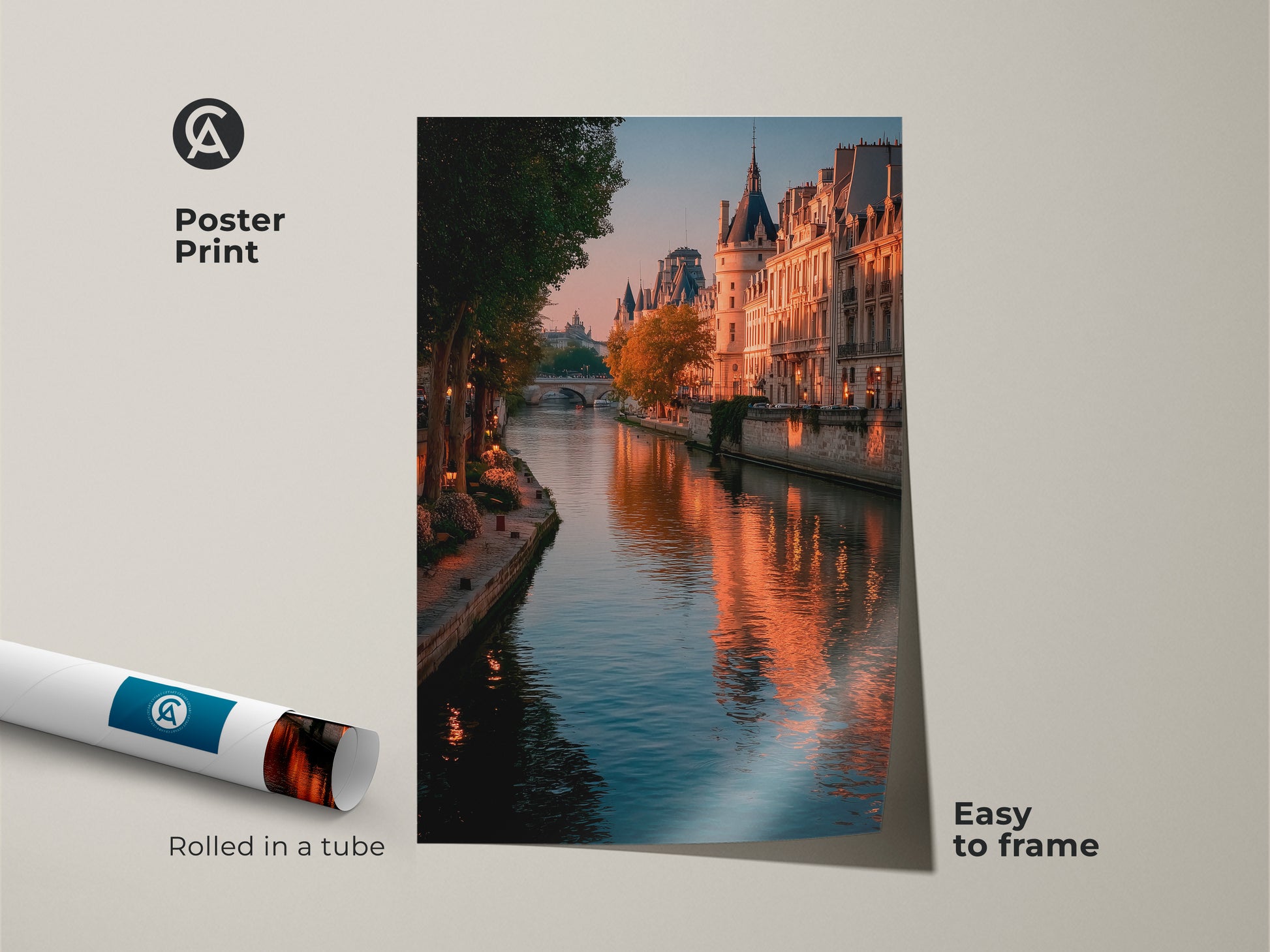 Paris cityscape poster print rolled in a tube. The art captures the Seine River photography during golden hour. Parisian buildings are beautifully lit. This print is easy to frame. Add a touch of European architecture to your walls. It's a perfect gift for those who adore Paris.