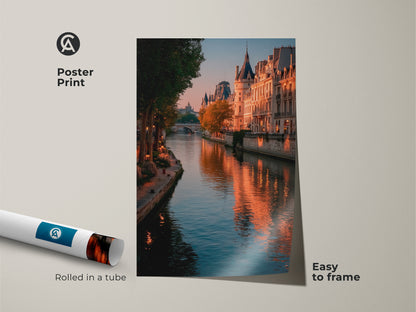 Paris cityscape poster print rolled in a tube. The art captures the Seine River photography during golden hour. Parisian buildings are beautifully lit. This print is easy to frame. Add a touch of European architecture to your walls. It's a perfect gift for those who adore Paris.