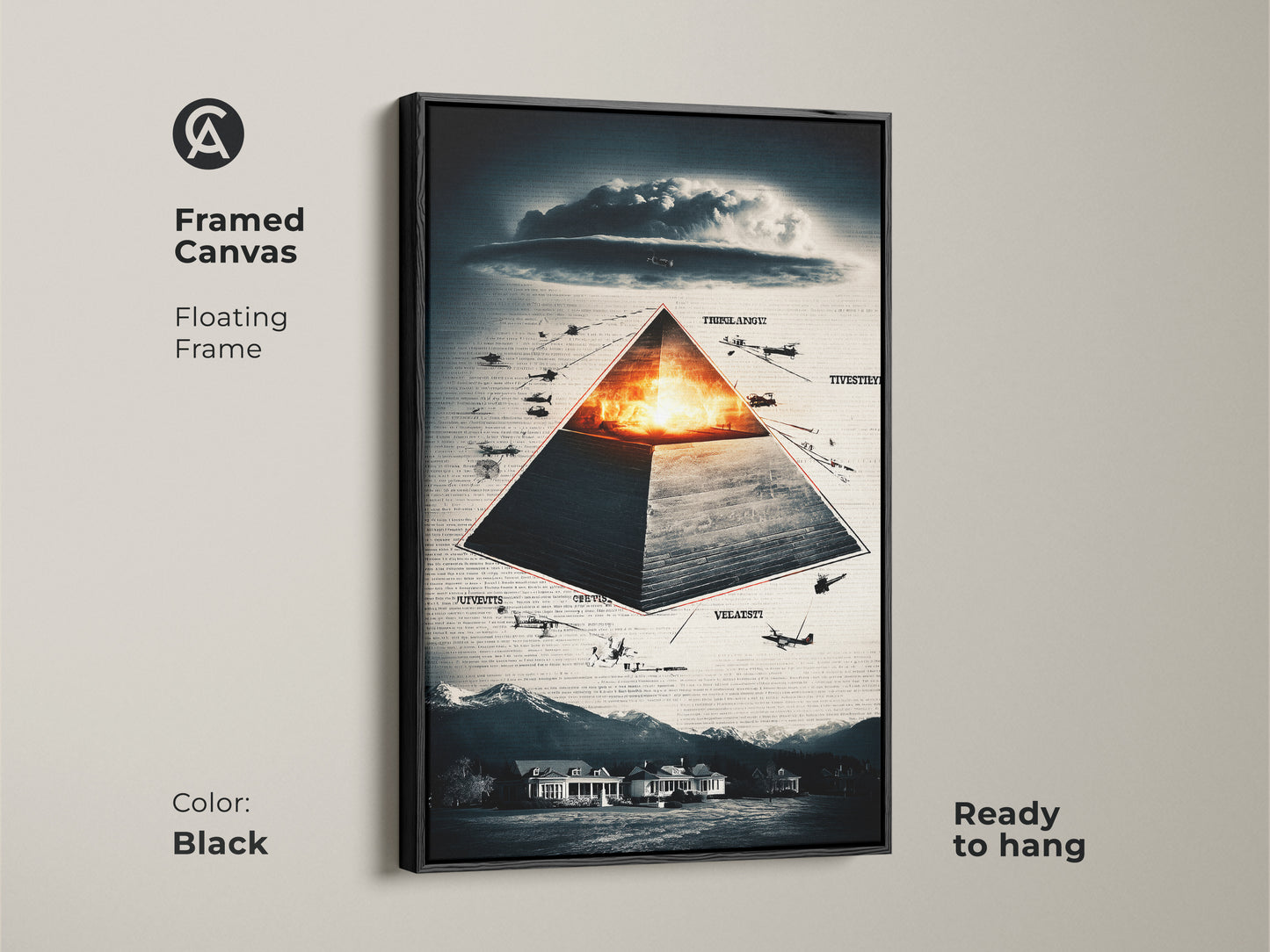 Framed in black this canvas features a surreal pyramid aircraft art. The floating frame enhances the conceptual artwork style. With themes of symbolism history & conspiracy it adds depth to any room. The deep blue orange & gray palette adds a thoughtful touch. Ideal as a unique gift for conspiracy theorists.