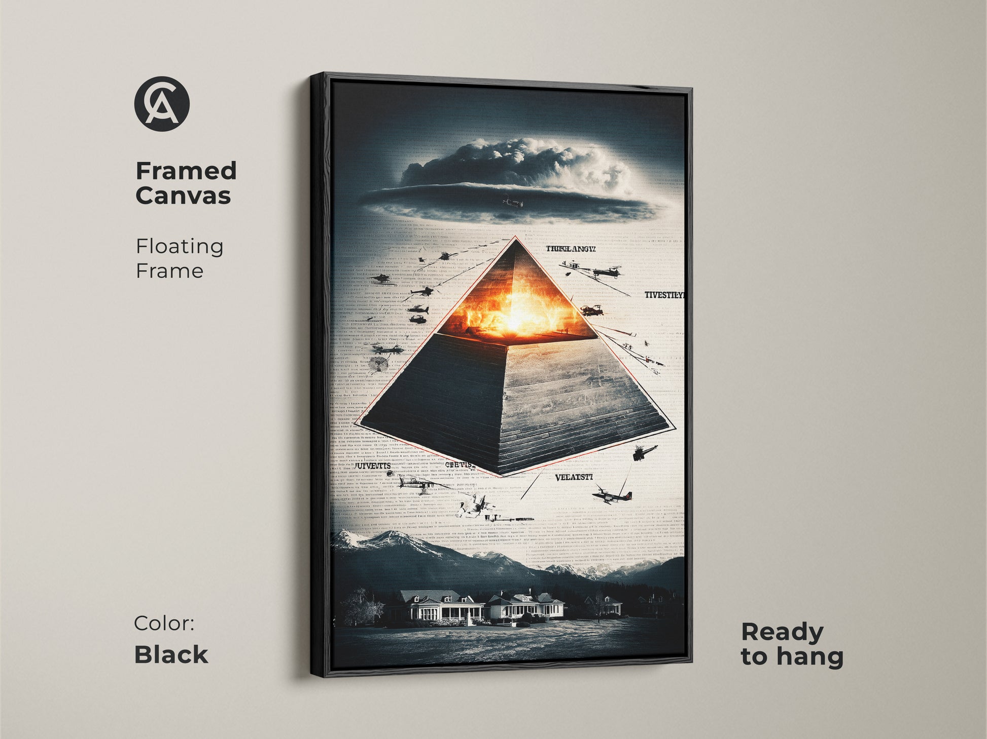 Framed in black this canvas features a surreal pyramid aircraft art. The floating frame enhances the conceptual artwork style. With themes of symbolism history & conspiracy it adds depth to any room. The deep blue orange & gray palette adds a thoughtful touch. Ideal as a unique gift for conspiracy theorists.