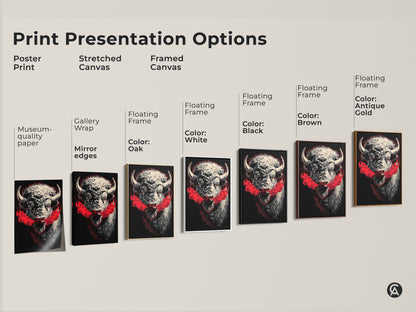 Print presentation options for buffalo artwork. Options include poster print stretched canvas and framed canvas. Frame colors are black brown antique gold oak and white. Museum-quality paper and mirror edges. Find the perfect style for your home.