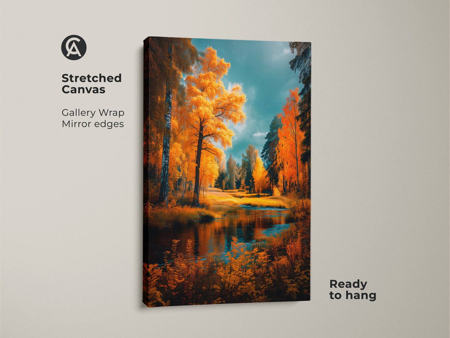 Stretched canvas art of a picturesque autumn scene. Golden foliage and tranquil waters create a peaceful ambiance. The gallery wrap with mirrored edges offers a modern touch. Ready to hang this canvas art will transform your space. Explore our collection of landscape artwork.