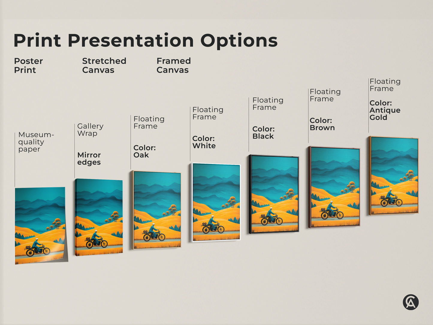 Print presentation options for a retro motorcycle art. Includes poster prints and stretched canvas. Framed canvas show golden yellow hills and teal blue mountain artwork. Choose your perfect Mid-Century Modern adventure travel decor.