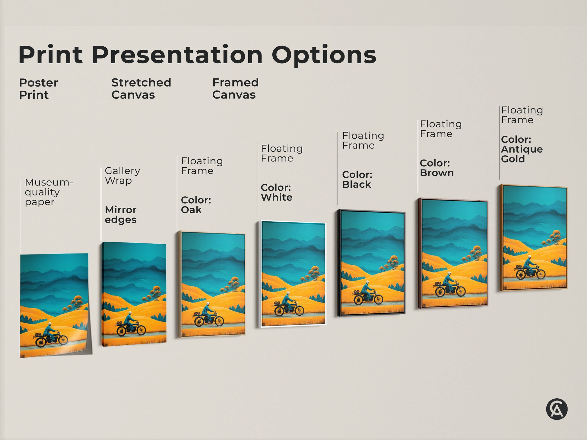 Print presentation options for a retro motorcycle art. Includes poster prints and stretched canvas. Framed canvas show golden yellow hills and teal blue mountain artwork. Choose your perfect Mid-Century Modern adventure travel decor.