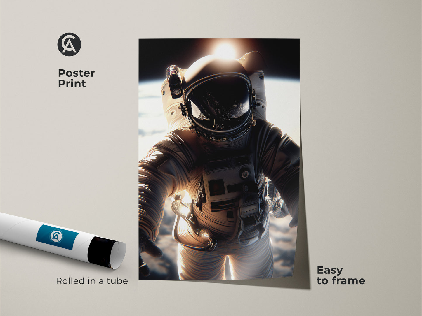 Poster print of an astronaut in a white suit. The golden light reflects beautifully. It's an easy-to-frame print. This photorealistic astronaut art captures space exploration. Ideal for stargazers and sci-fi enthusiasts.