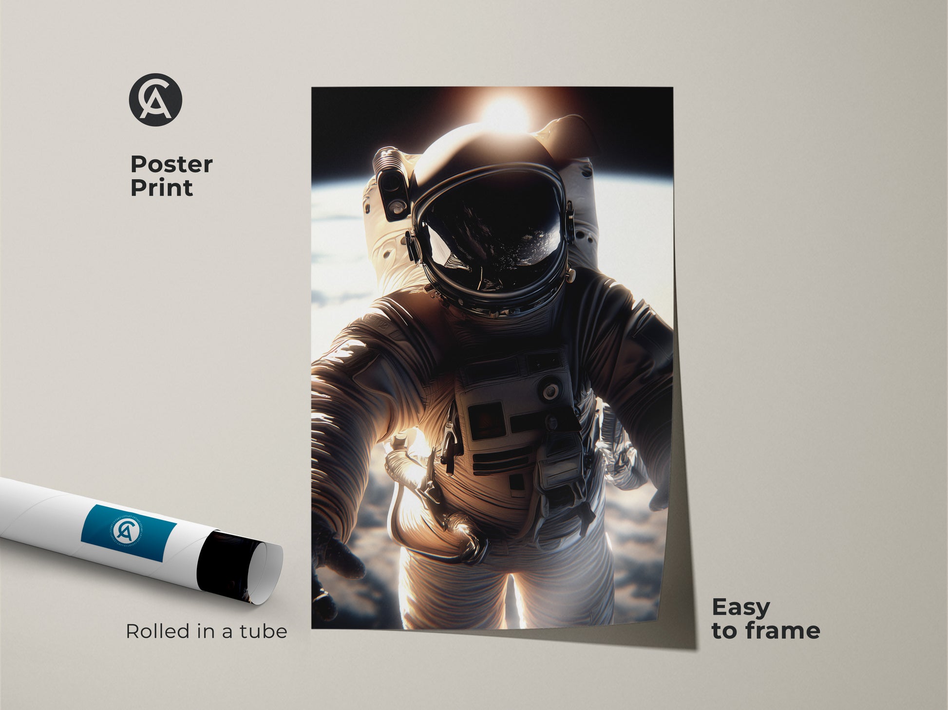 Poster print of an astronaut in a white suit. The golden light reflects beautifully. It's an easy-to-frame print. This photorealistic astronaut art captures space exploration. Ideal for stargazers and sci-fi enthusiasts.