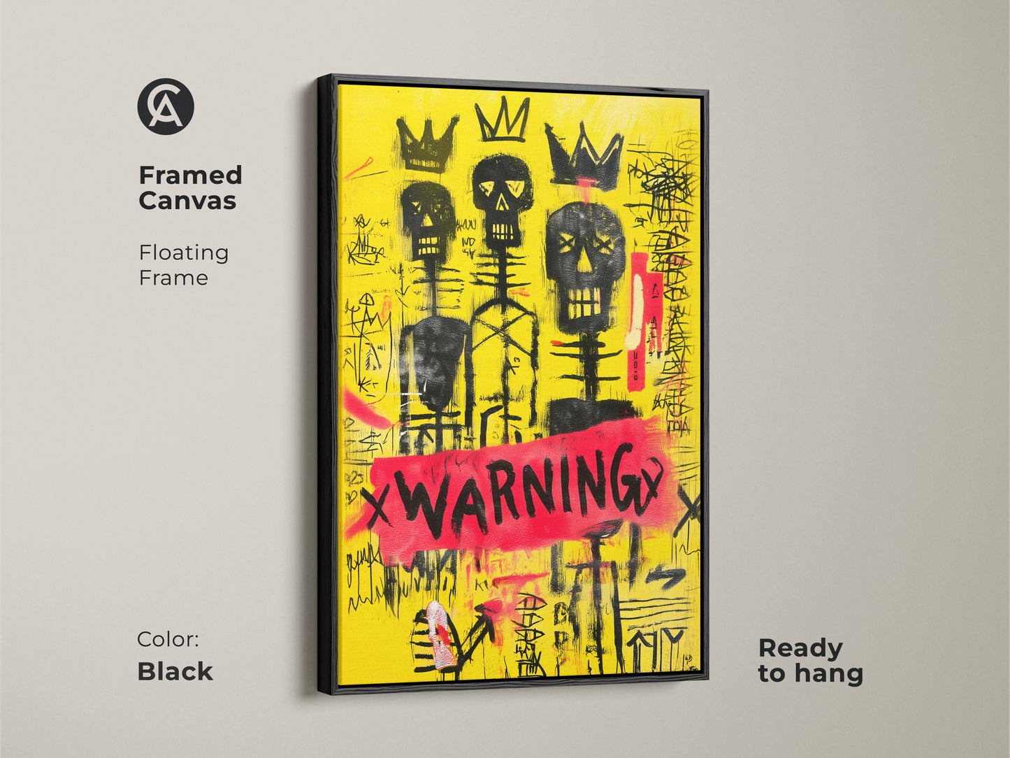 Framed Canvas with Floating Black Frame of a yellow skull wall art. This black crown canvas print is ready to hang. It is a graffiti skeleton art with abstract neo-expressionism. It will make an excellent eclectic home decor art.