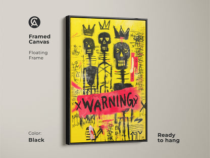 Framed Canvas with Floating Black Frame of a yellow skull wall art. This black crown canvas print is ready to hang. It is a graffiti skeleton art with abstract neo-expressionism. It will make an excellent eclectic home decor art.