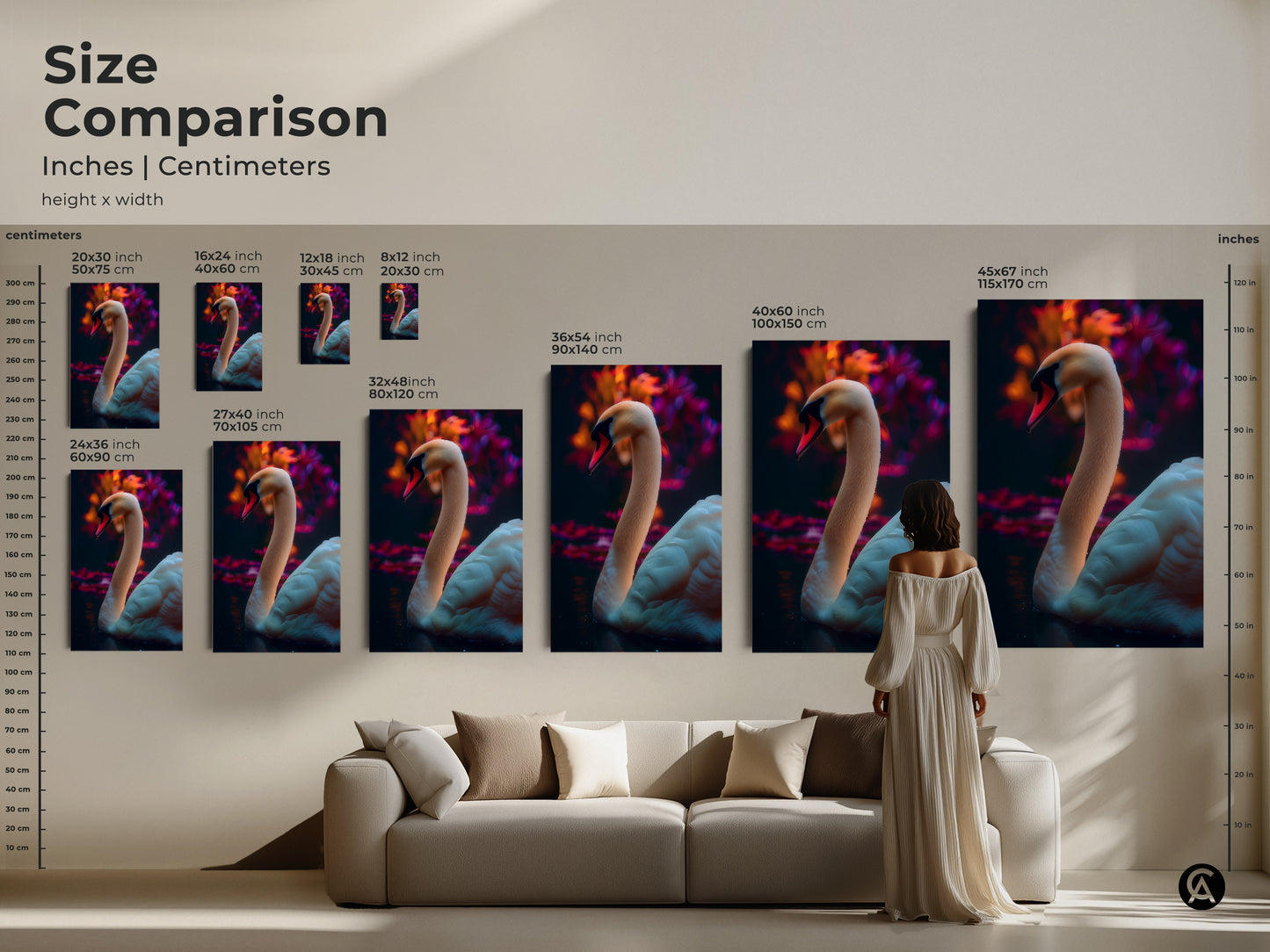 Size comparison of the photorealistic swan art print in inches and centimeters. See how different sizes fit above a sofa. This wildlife art is available in multiple dimensions. Perfect contemporary art for your living space.