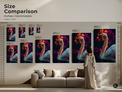Size comparison of the photorealistic swan art print in inches and centimeters. See how different sizes fit above a sofa. This wildlife art is available in multiple dimensions. Perfect contemporary art for your living space.