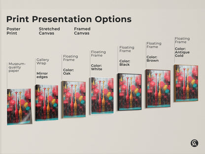 Print presentation options for abstract geometric giraffe art. Available as a poster print a stretched canvas and a framed canvas. Choose from oak white black brown and antique gold frames.