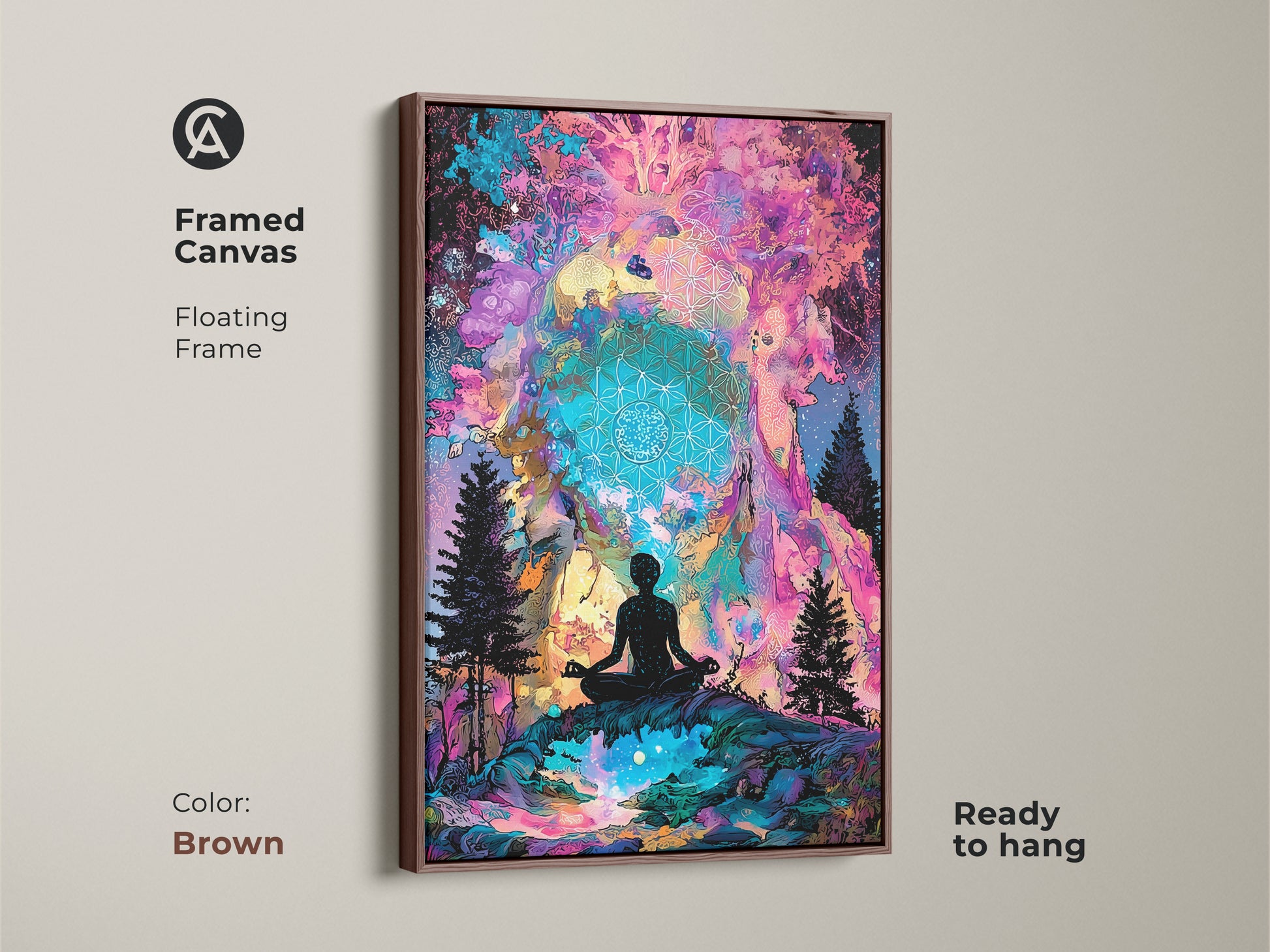A framed canvas features spiritual artwork. A silhouette meditates in a colorful landscape. The floating frame is brown. The canvas art is ready to hang. It adds a touch of zen to your decor.