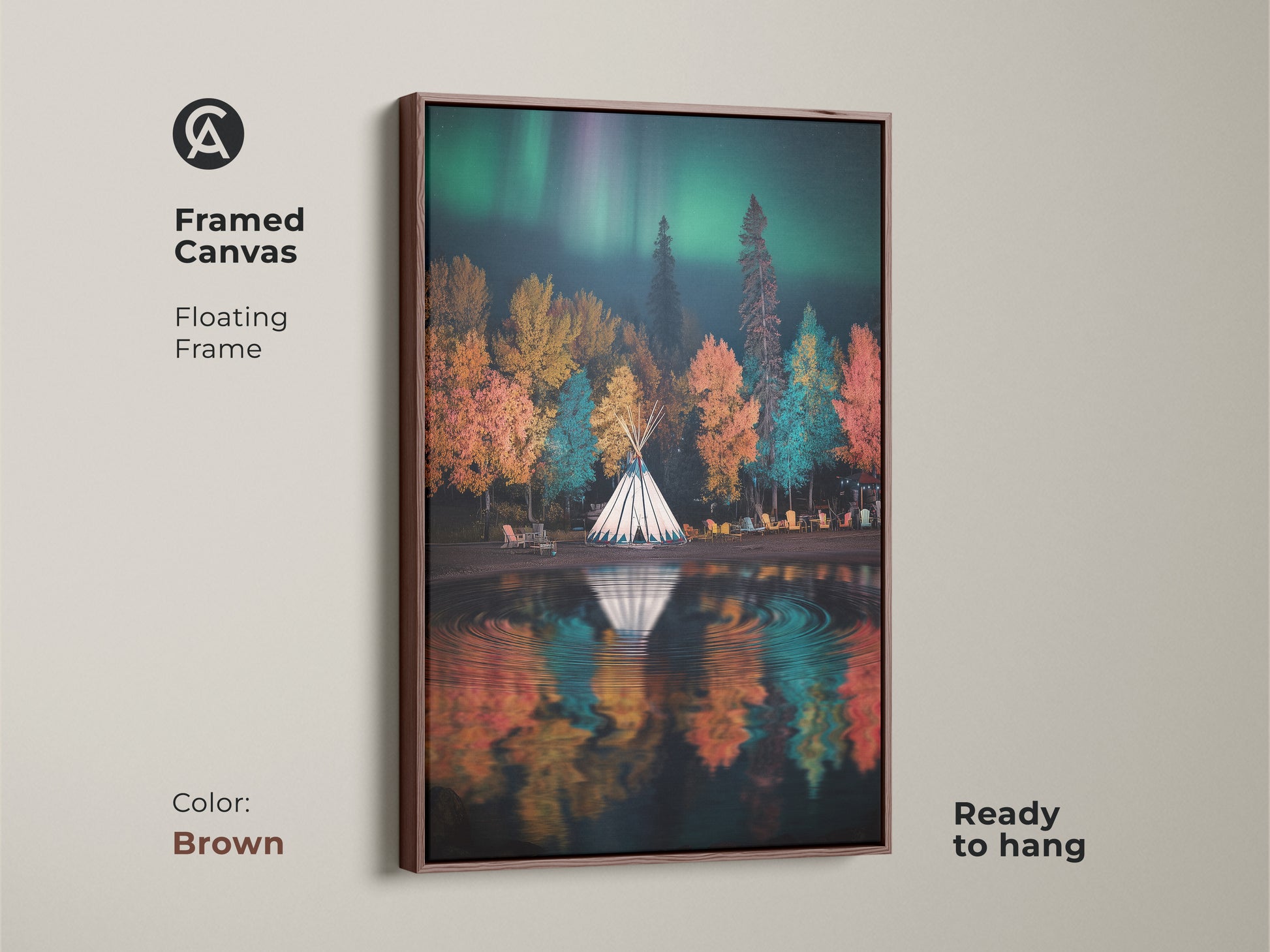 Framed canvas art of a tipi camp under the aurora borealis with a brown floating frame. Ready to hang this autumn forest scene features emerald green and teal hues. Boho nature landscape artwork adds a warm touch to any space.