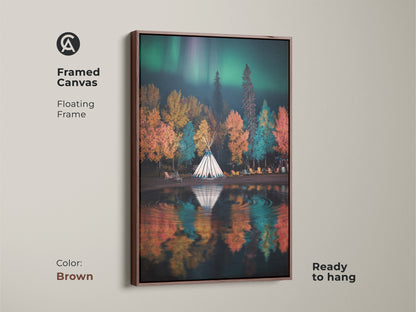 Framed canvas art of a tipi camp under the aurora borealis with a brown floating frame. Ready to hang this autumn forest scene features emerald green and teal hues. Boho nature landscape artwork adds a warm touch to any space.