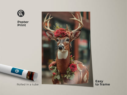 This poster print showcases the whimsical deer art. The animal floral artwork is easy to frame. This woodland creature artwork will add an eclectic look to your home. It comes rolled in a tube ready to frame.