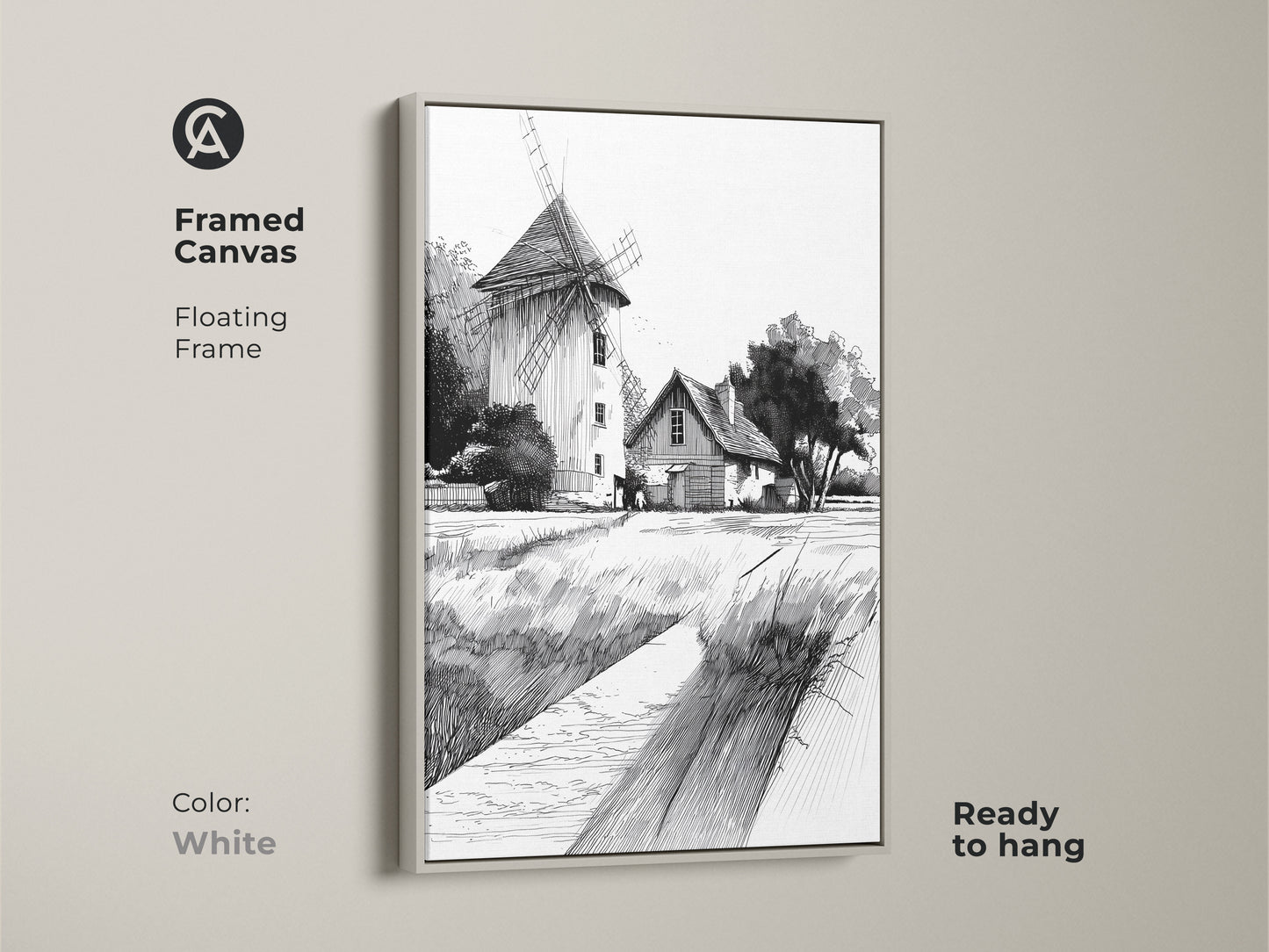 Framed canvas displaying farmhouse windmill art in a white floating frame. The black and white ink drawing provides a clean look to the country landscape. This ready-to-hang art enhances farmhouse kitchen wall decor.