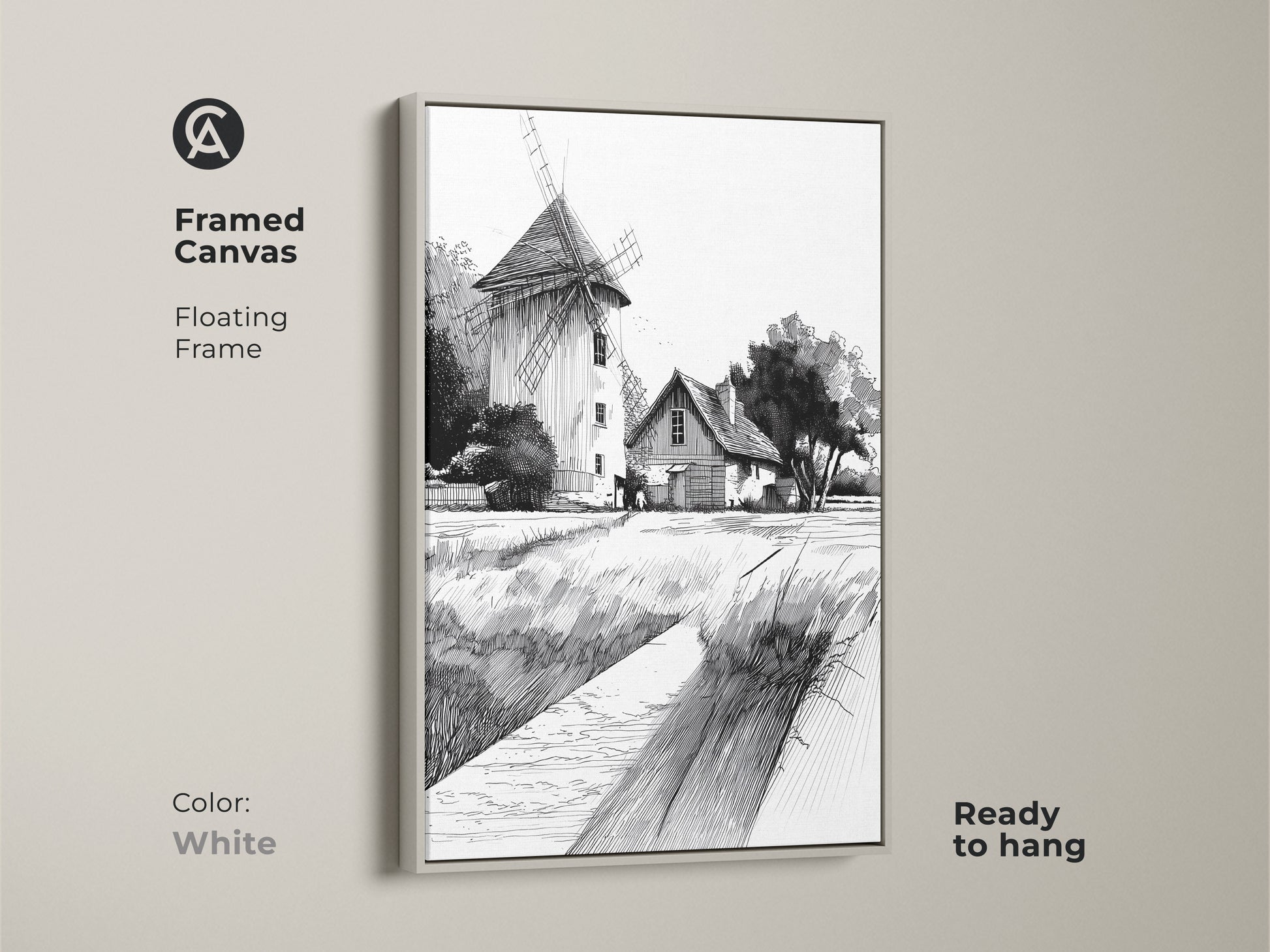 Framed canvas displaying farmhouse windmill art in a white floating frame. The black and white ink drawing provides a clean look to the country landscape. This ready-to-hang art enhances farmhouse kitchen wall decor.
