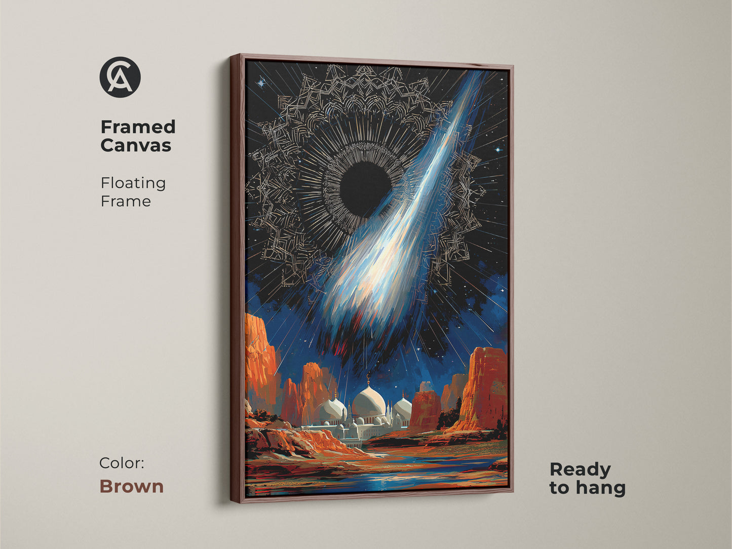 Framed Canvas in Brown showcasing surreal space mosque artwork. A floating frame enhances the celestial comet wall art. The cosmic night sky decor features deep blue and orange tones. This abstract celestial print is ready to hang in any room.