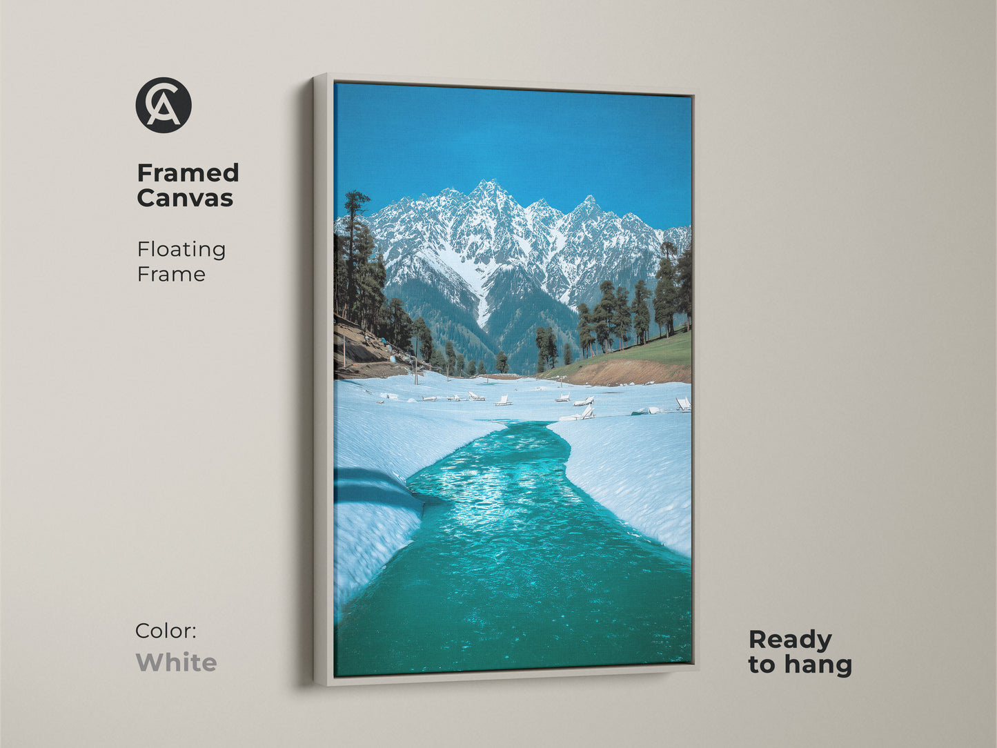 Framed canvas displaying a beautiful snowy mountain artwork with a white floating frame. Perfect for modern decor this ready-to-hang nature print brings a peaceful alpine scene to your space. The stunning blue and white landscape creates a serene ambiance.