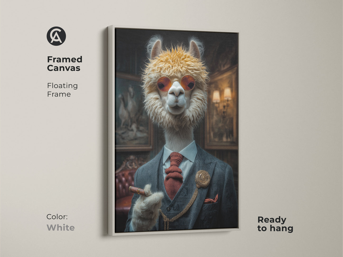 Framed canvas presents a stylish alpaca in a suit with a cigar. A white floating frame offers a clean modern look. Ready to hang the eclectic animal artwork for home or office.