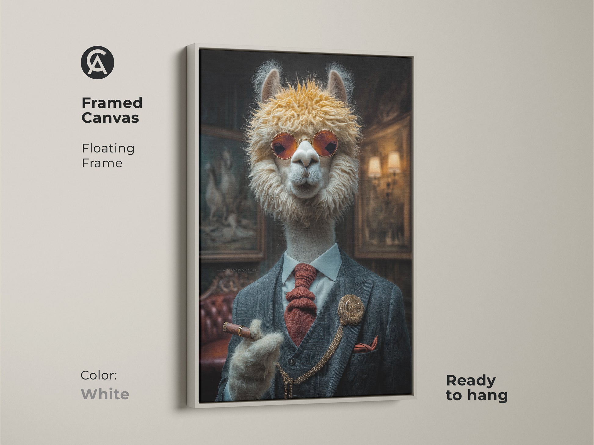 Framed canvas presents a stylish alpaca in a suit with a cigar. A white floating frame offers a clean modern look. Ready to hang the eclectic animal artwork for home or office.