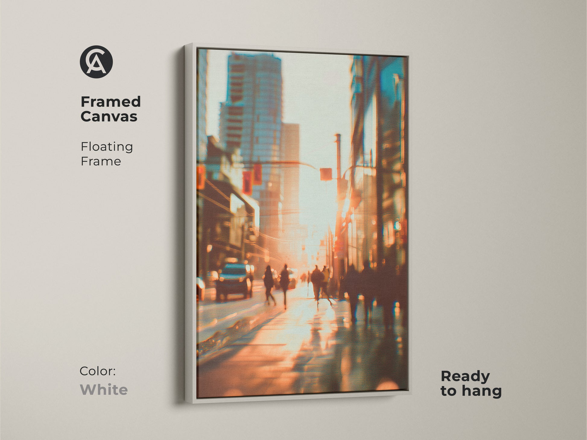 Framed canvas artwork of a blurred cityscape at sunset. The white floating frame offers a clean modern look. Ready to hang this piece is a versatile addition to any decor. The artwork captures the beauty of urban life.