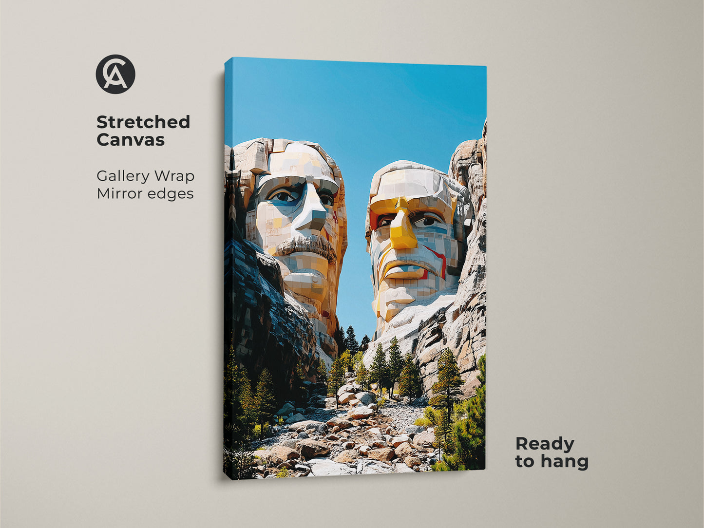 Stretched canvas gallery wrap of geometric Mount Rushmore art. This abstract sculpture wall decor features mirror edges and is ready to hang. A pop art print showcasing a beige yellow blue aesthetic. Perfect as a travel gift.