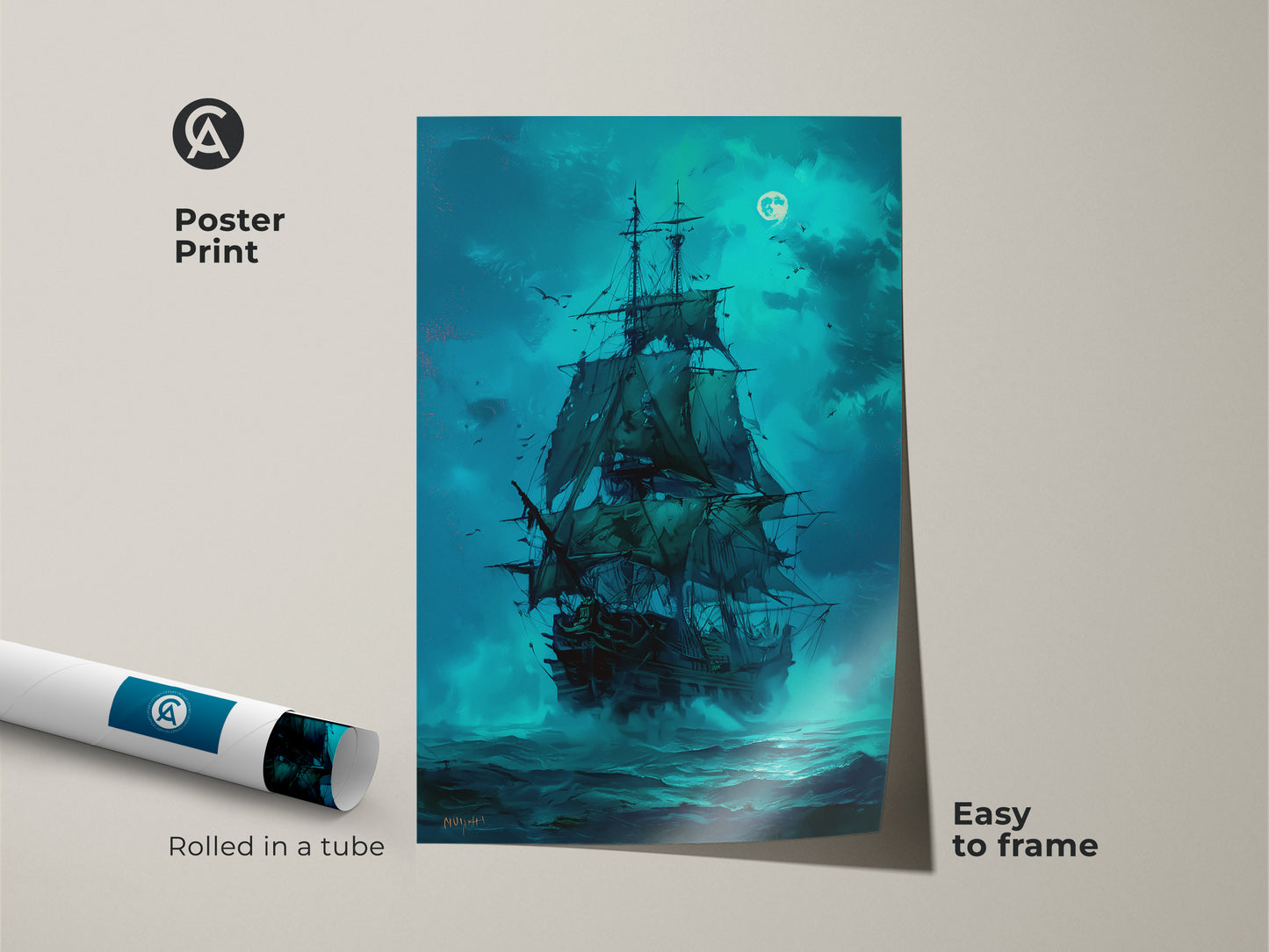 Poster Print of a Pirate Ship Sailing Under the Moonlight. The print is rolled in a tube for easy framing. This museum-quality paper ensures vibrant colors. A great choice for affordable nautical wall art. Get yours today and add to the aesthetic of your home