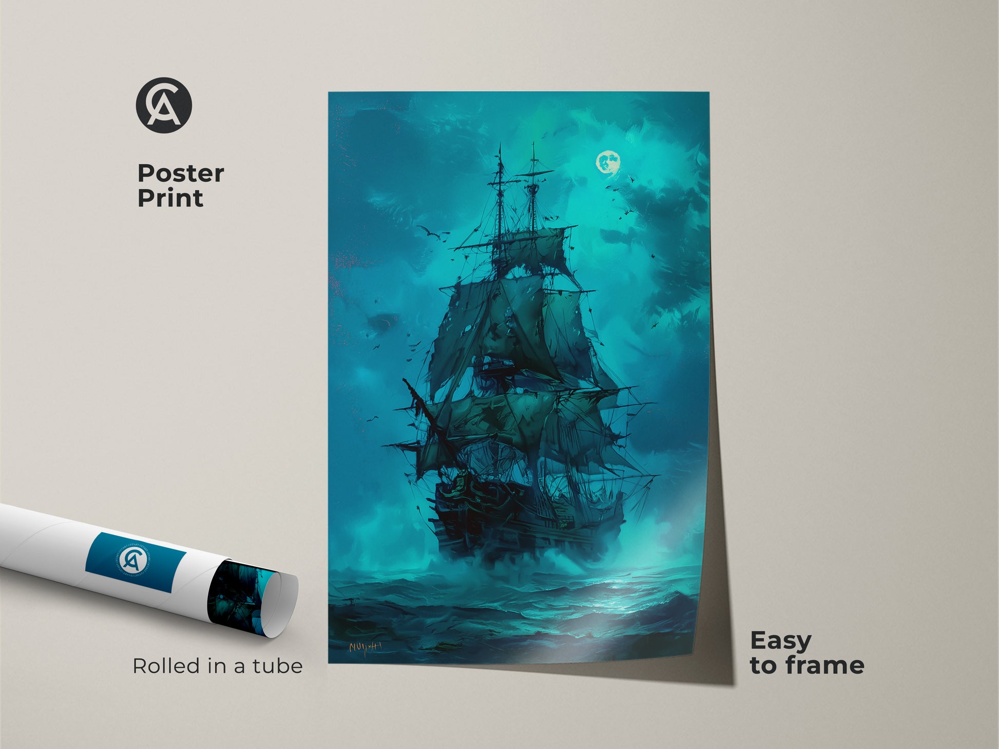 Poster Print of a Pirate Ship Sailing Under the Moonlight. The print is rolled in a tube for easy framing. This museum-quality paper ensures vibrant colors. A great choice for affordable nautical wall art. Get yours today and add to the aesthetic of your home