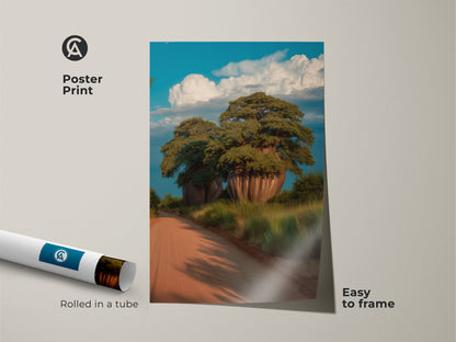 Poster print of scenic baobab trees on a dirt road. This African landscape artwork is easy to frame and arrives rolled in a tube. A perfect travel inspired art for boho home decor. It's a great nature lover gift.