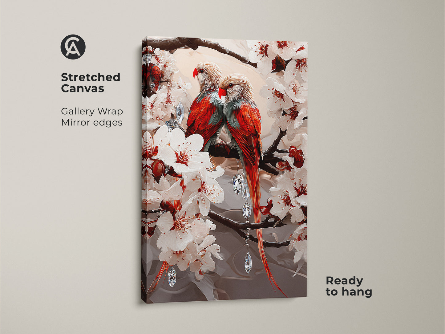 Stretched canvas showcasing a pair of colorful parrots among white cherry blossoms. This gallery-wrapped canvas has mirrored edges. It is ready to hang for easy home decor. A romantic bird artwork.