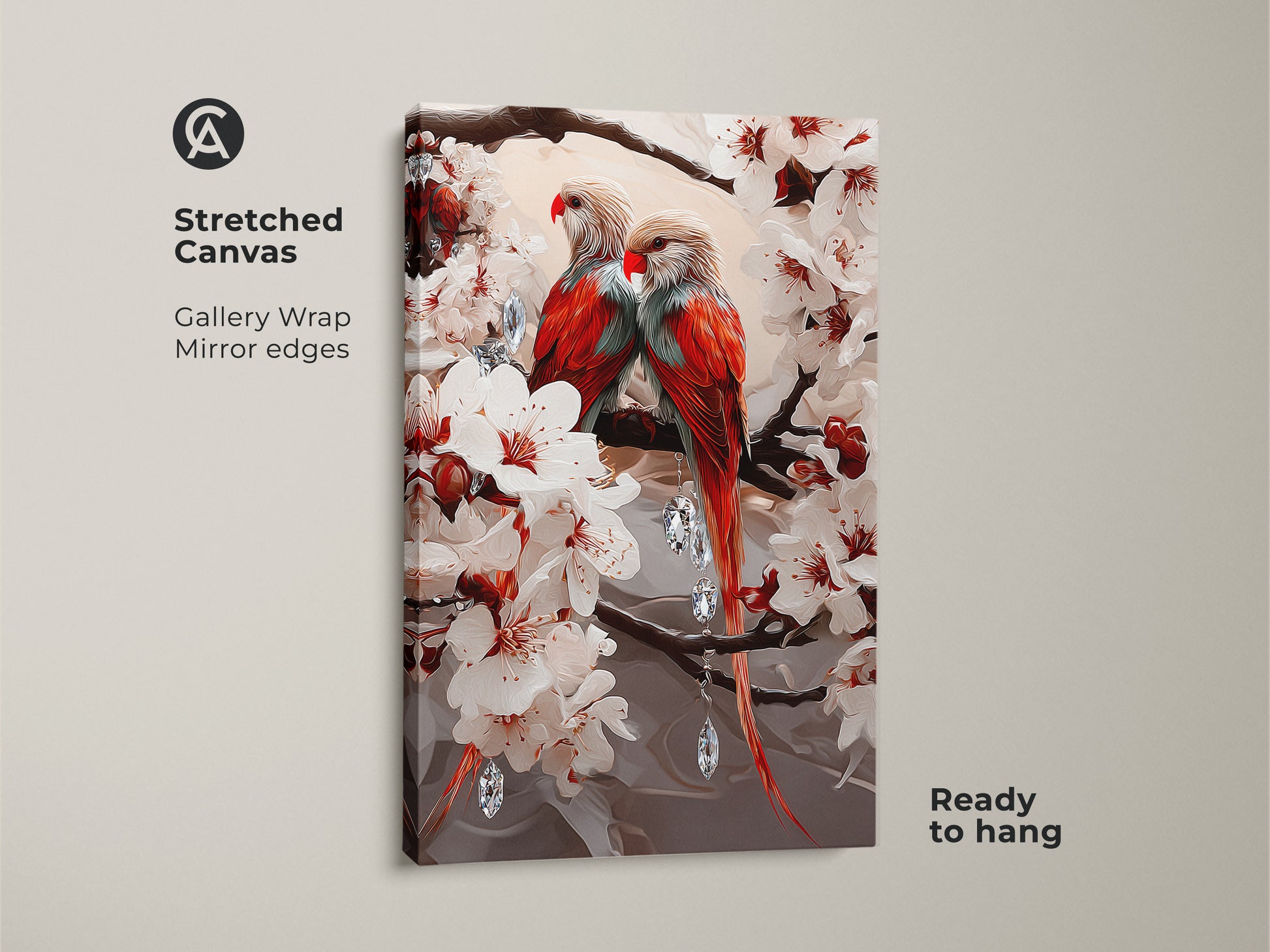 Stretched canvas showcasing a pair of colorful parrots among white cherry blossoms. This gallery-wrapped canvas has mirrored edges. It is ready to hang for easy home decor. A romantic bird artwork.
