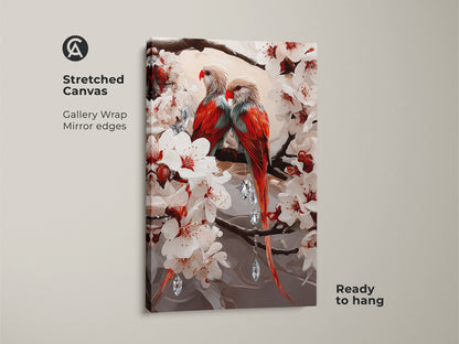 Stretched canvas showcasing a pair of colorful parrots among white cherry blossoms. This gallery-wrapped canvas has mirrored edges. It is ready to hang for easy home decor. A romantic bird artwork.