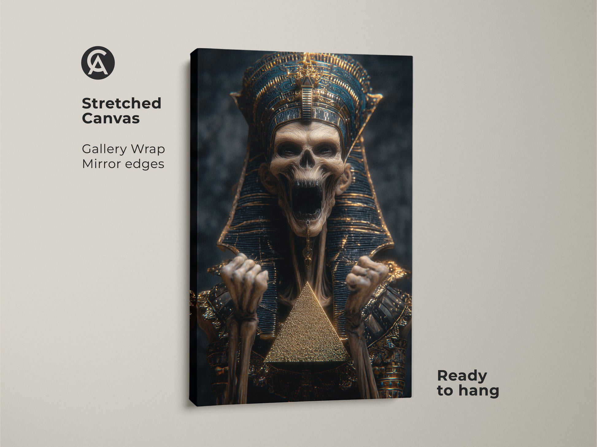 Stretched canvas gallery wrap of a pharaoh skeleton. This egyptian mythology art print has mirror edges. The artwork features a gothic pyramid. It's ready to hang and enjoy. The art is a pyramid canvas.
