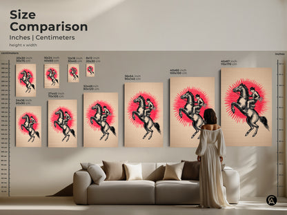 A size comparison presents inches and centimeters. The cowboy horse artwork is scaled to various sizes. A person stands to show size relativity to the artwork. Rustic Black Beige artwork adds character to any room.