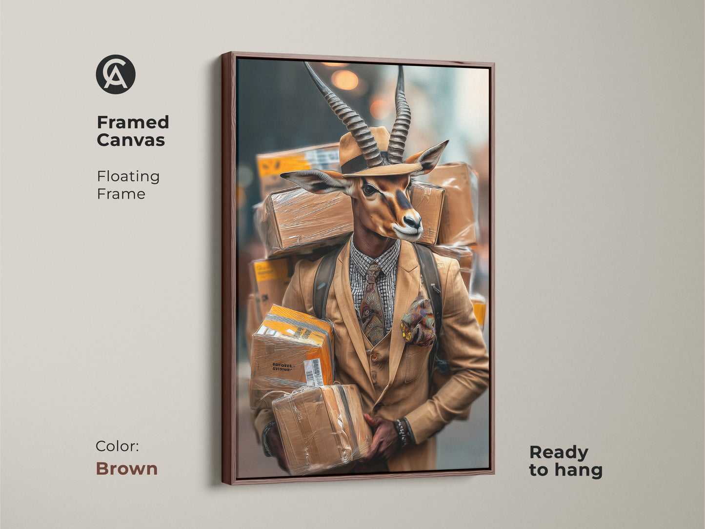 Framed in brown canvas a surreal gazelle man art print is ready to hang. The eclectic animal portrait adds a touch of sophistication to any space. This animal in suit wall art makes a quirky office gift. It is a contemporary surreal art print perfect for home or office.