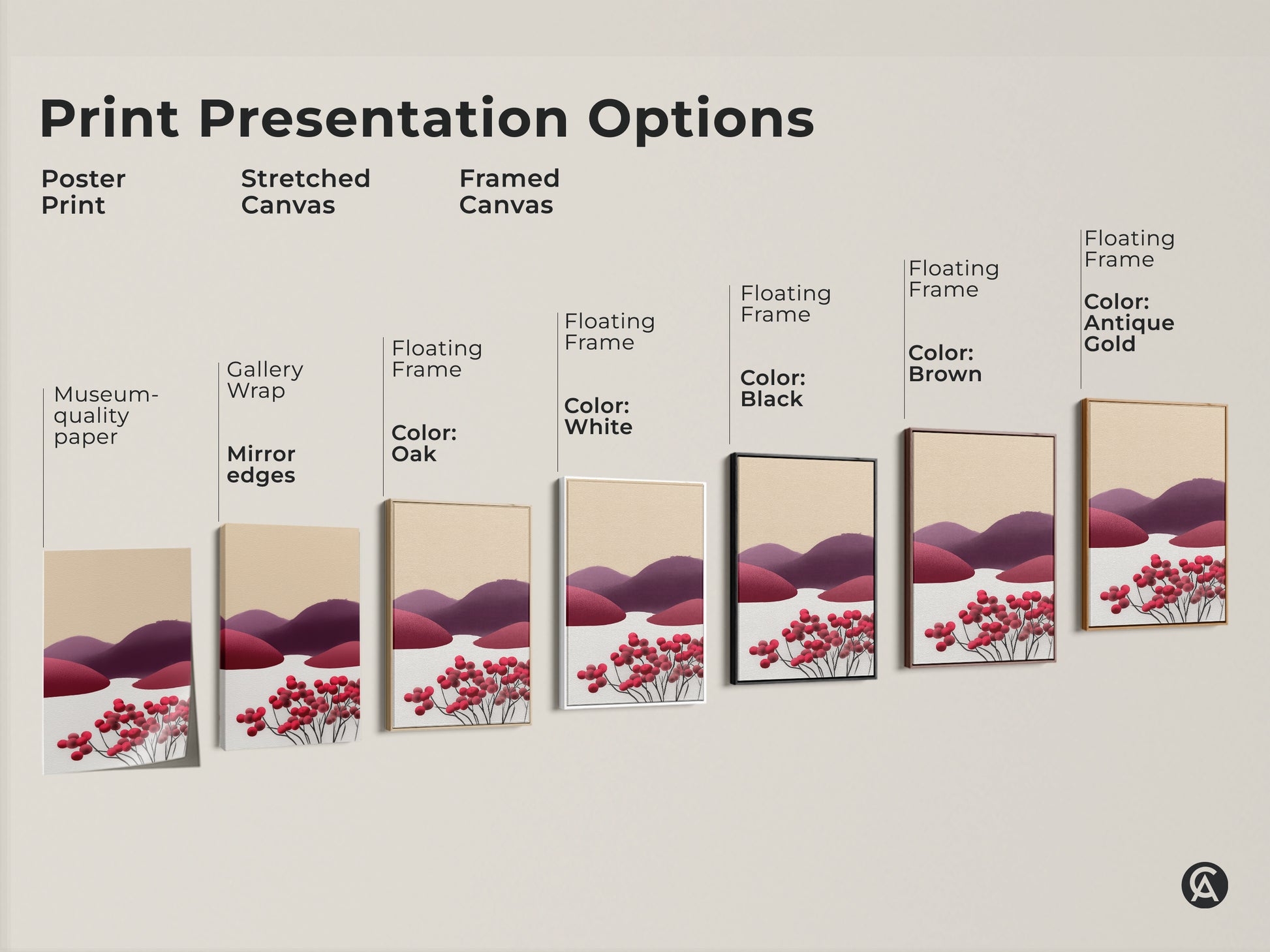 Explore print presentation options. See poster prints stretched canvases and framed canvases. Choose from various frame colors. Find the perfect abstract berry hills artwork for your space.