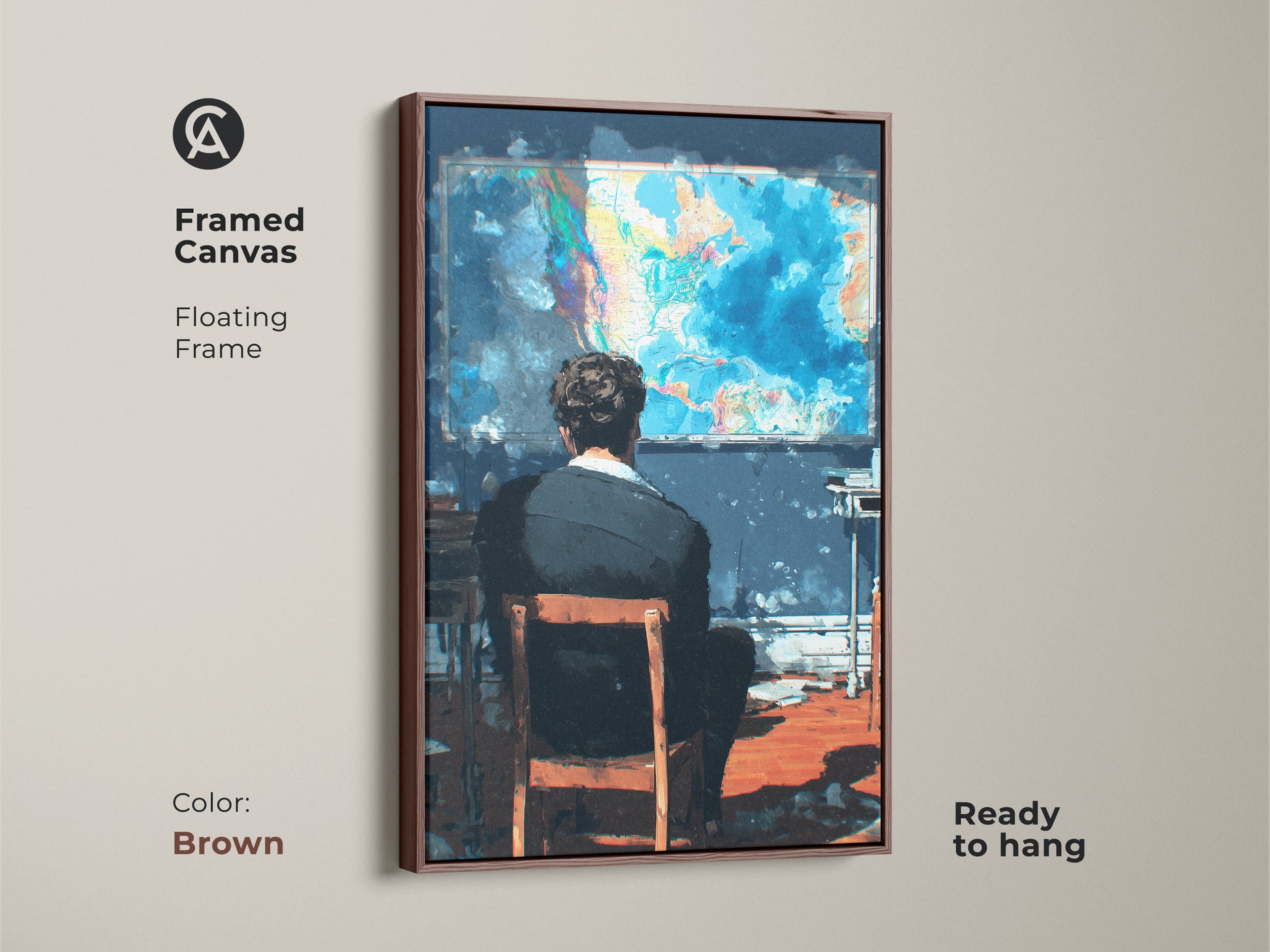 Enhance your living space with 'The Observer' framed canvas. A brown floating frame complements this intriguing artwork. The art shows a man contemplating a colorful world map. This piece is ready to hang and admire. Add a touch of intellectual curiosity to your home.