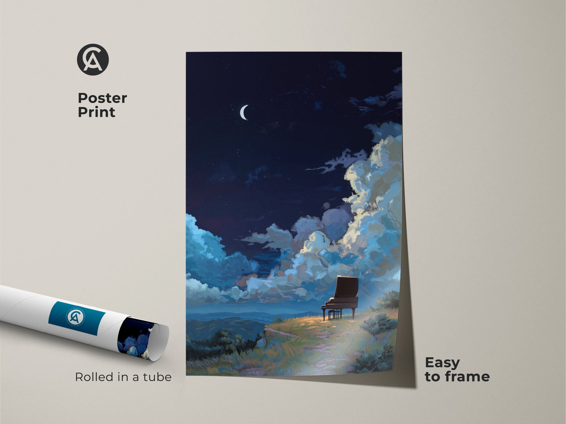 Poster print of a dreamy night sky canvas with a surreal grand piano. The crescent moon landscape art is rolled in a tube. It makes for easy framing as music lover gift decor.