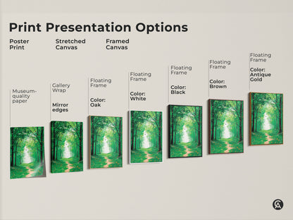 Print presentation options for the emerald green forest path artwork. Choose from poster print stretched canvas or framed canvas. Each option brings peaceful nature into your home decor.